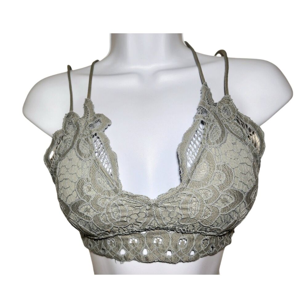 Pink Lily Lace Bralette Womens Medium Sage Green Smocked Back Boho Romantic